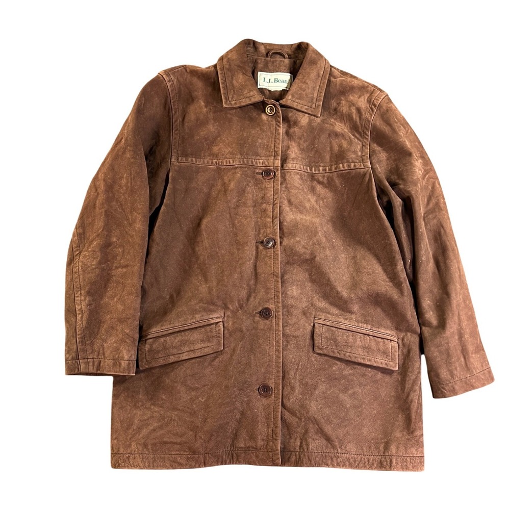 Vintage L.L. Bean Suede Leather Chore Coat Womens Medium Brown Button Front